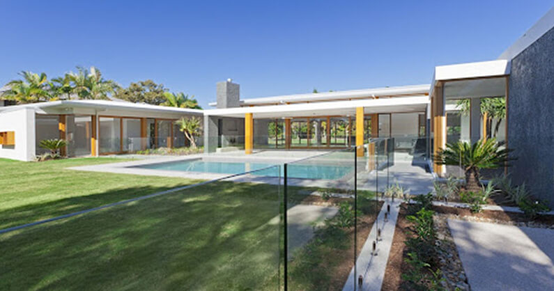 Modern yellow and white pool cabana