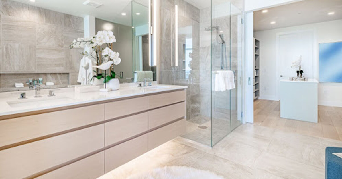 Large Luxury bathroom with white, blue and light brown