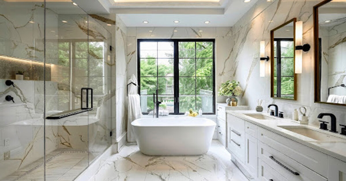 Luxury bathroom with shower and double sinks